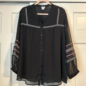 Chico's Black Sheer Blouse with Embroidery